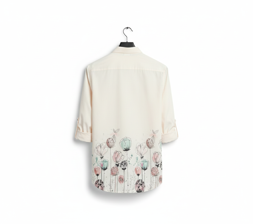Men's Cream Floral Sketch Print Casual Shirt - Full Sleeve
